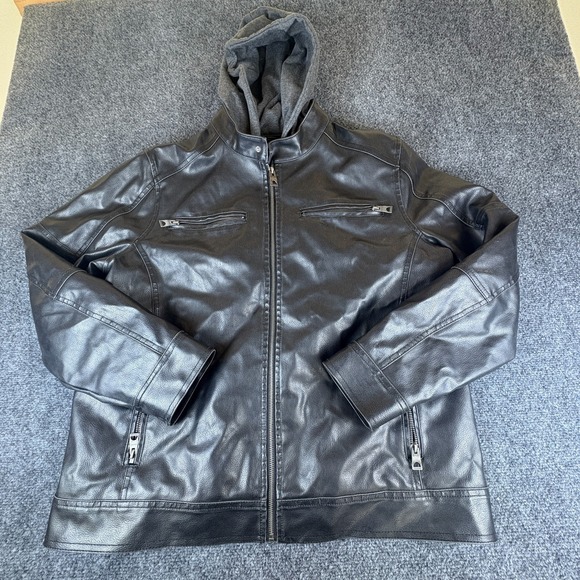 Guess Jackets & Blazers - Guess Motorcycle Jacket Mens XL Black Faux Leather Removable Hooded Full Zip